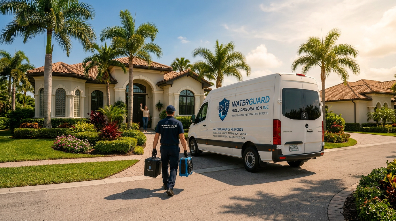 WaterGuard technician and service vehicle outside a restored South Florida home