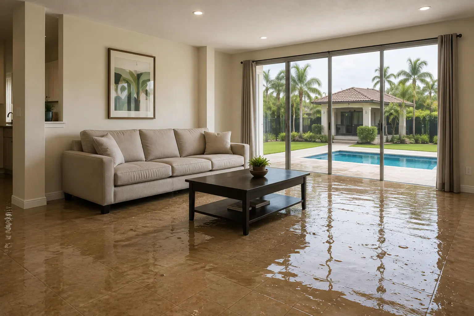 South Florida home interior affected by significant flooding and standing water