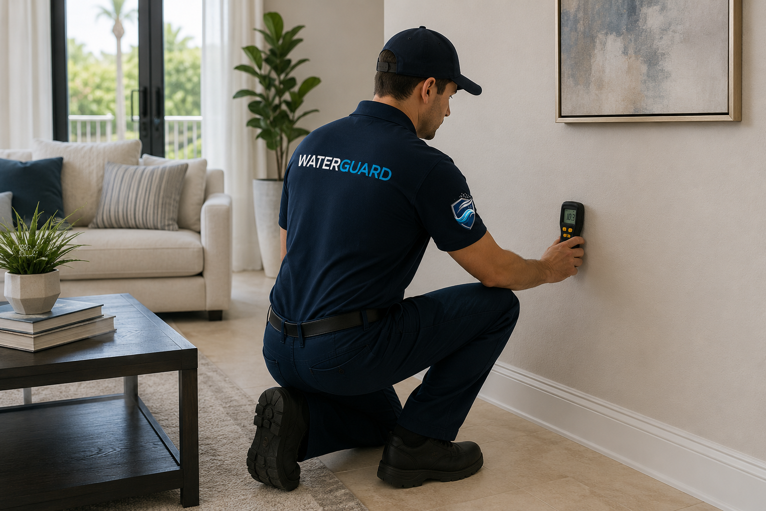 WaterGuard technician measuring moisture in a wall during drying verification