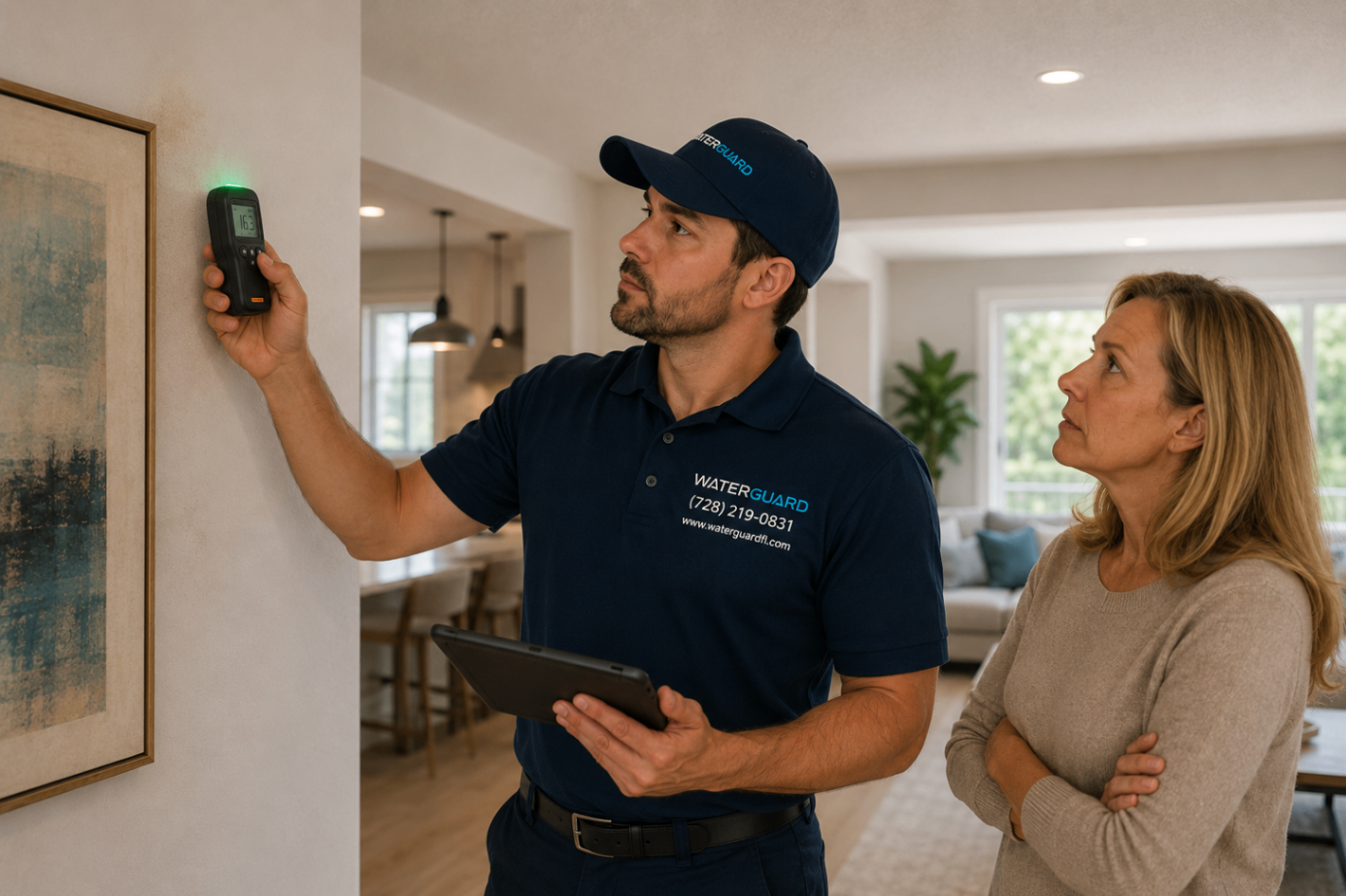 WaterGuard technician measuring and documenting moisture conditions during a professional mold assessment